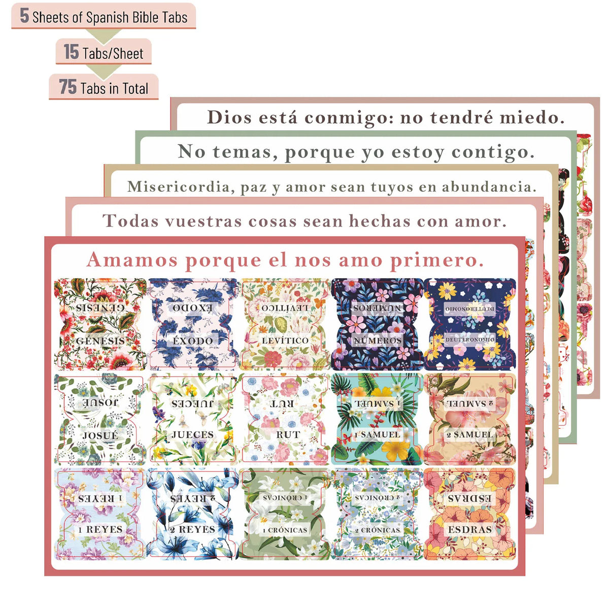 75pcs Spanish Bible Tags, Flower Theme, Spanish Laminated Bible Tags, Bible Tags