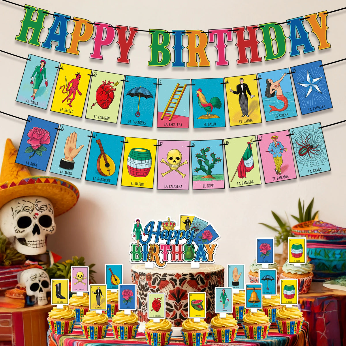 Traditional Colorful Mexican Decoration, Pre-strung Mexican Game Theme Birthday Banner & Cake Cupcake Topper