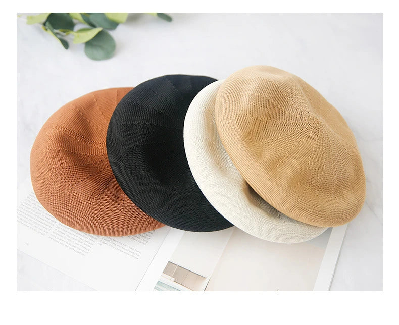 Beret Hat Women Spring Summer Hats For Women Retro Knitted Painter Cap Casual Trendy Design Solid Breathable Thin Cap Female New