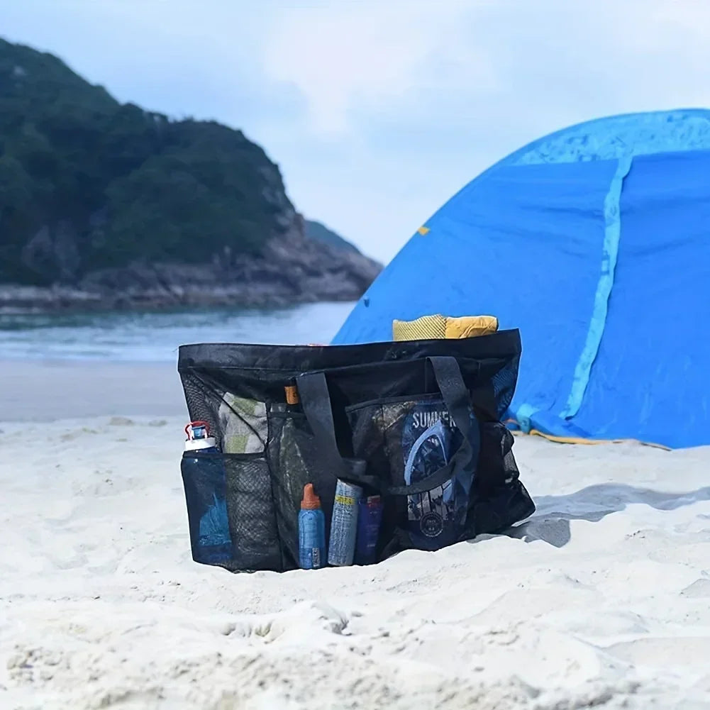 1pc Extra Large Mesh Beach Bag, Breathable Mesh Tote with Zipper & Side Pockets, Portable Large Capacity Finishing Organizer Bag