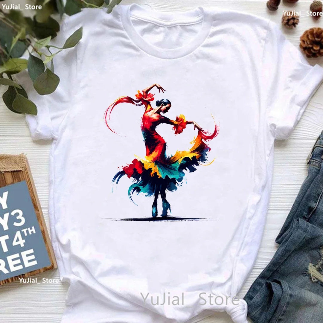 Flamenco Dancer Printed T Shirt Women'S Clothing White Pink Beautiful Tshirt Female Summer Fashion Tops Tee Shirt Femme