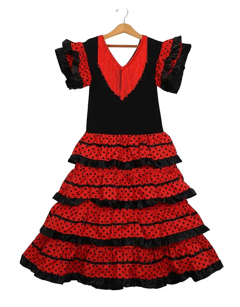 Girls Spanish Flamenco Dance Cosplay Long Dress Kids Carnival Ballroom Stage Outfit for Festival Theme Party Dress‑Up