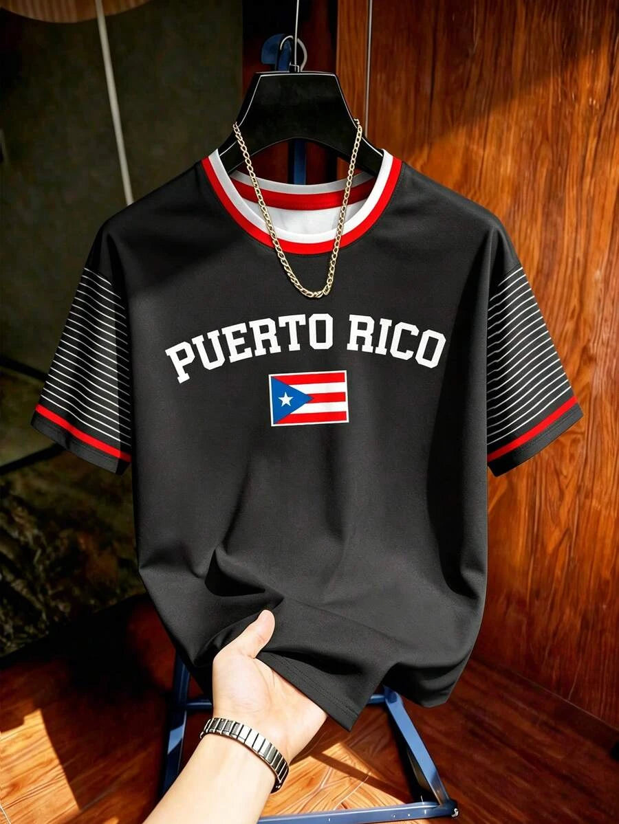 2026 Puerto Rico Patriotic Letter 3D Print Striped Raglan Sleeve Crew Neck T-Shirt Unisex Casual Streetwear Short Sleeve Top
