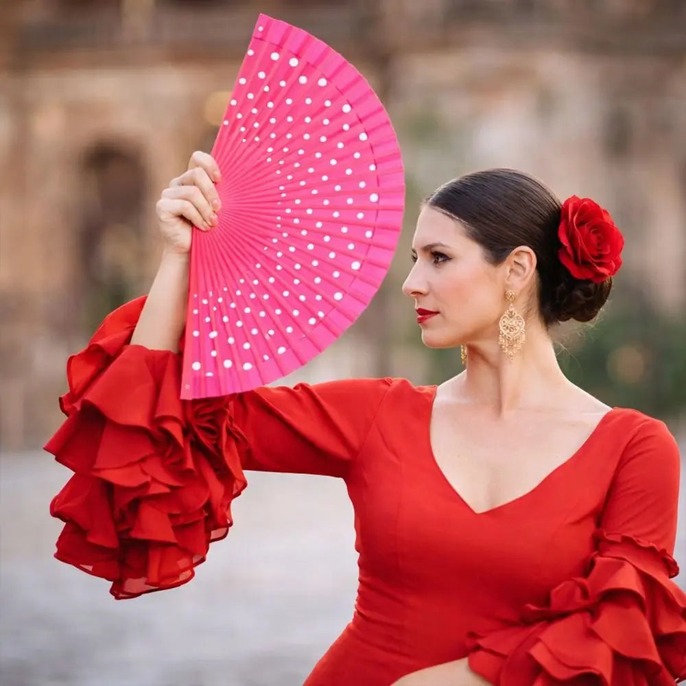Elegant Accessory Wood Flamenco Fan Handheld Classical Spanish Fan Dots Pattern Decorative Hand Fan Dance Parties