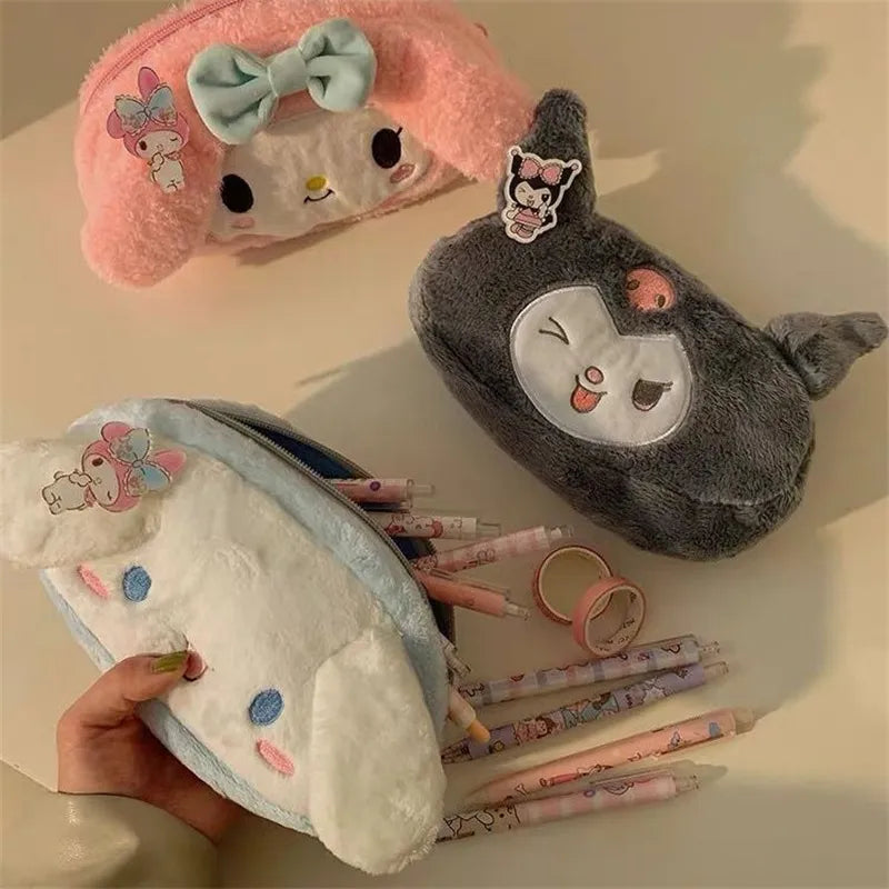 Sanrio Kuromi Melody Cinnamoroll Pencil Pouch Large Capacity Pen Case Cute Plush Cosmetic Bag Girls Student Supplies Stationery