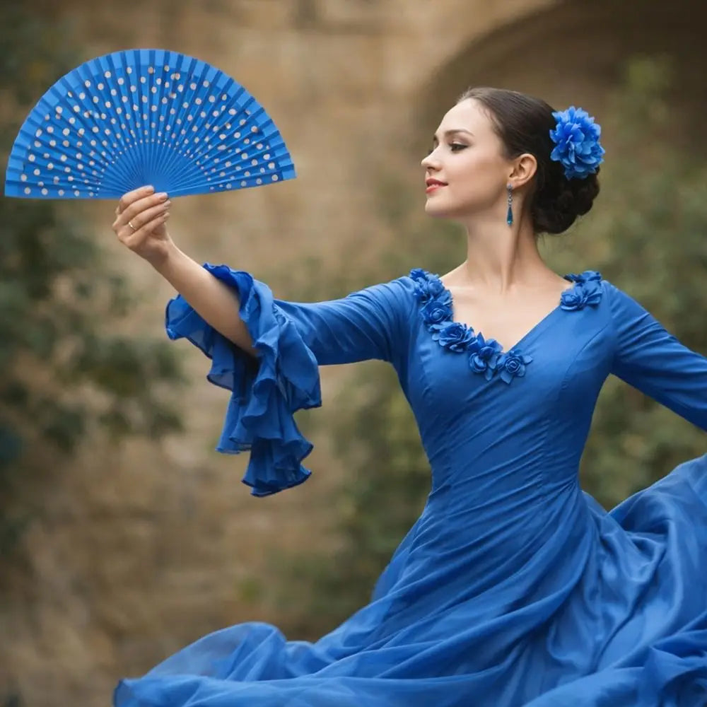 Elegant Accessory Wood Flamenco Fan Handheld Classical Spanish Fan Dots Pattern Decorative Hand Fan Dance Parties