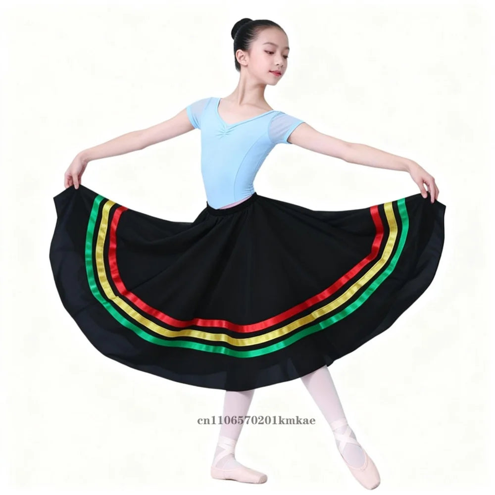 Spanish Traditional Flamenco Dance Skirts Girls Chiffon Elastic Waist Full Circle Ribbons Skirt Large Swing Performing Skirts