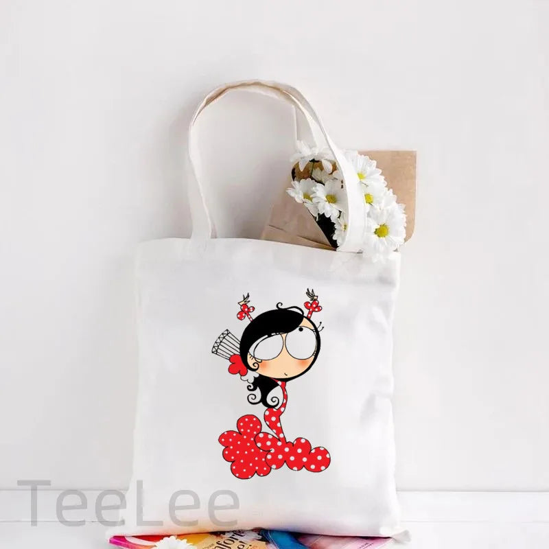 Flamenco Canvas Shoulder Tote Bag Printing Flamenca Spain Sevilla Seville Reusable Grocery Bag Women's Large Shopping Handbags