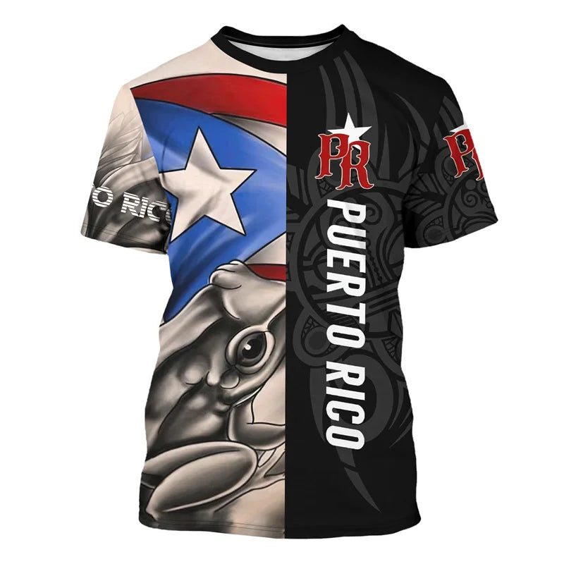 Puerto Rico Flag Pattern T-Shirt Men Frog National Emblem 3D Printed Short Sleeve Tees Summer Street Loose Tops O-Neck T Shirts