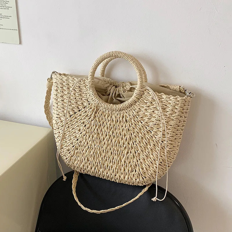 Straw Woven Handbags For Women Handmade Travel Seaside Beach Bag Summer New Handle Bucket Bag Shopping Tote Bag Basket Bolsa