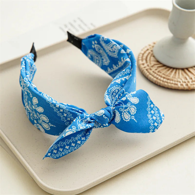 Fashion Paisley Bandana Headband for Women Top Knotted Bow Hairbands Cute Rabbit Ear Turban Headwrap Hair Band Girls Accessories
