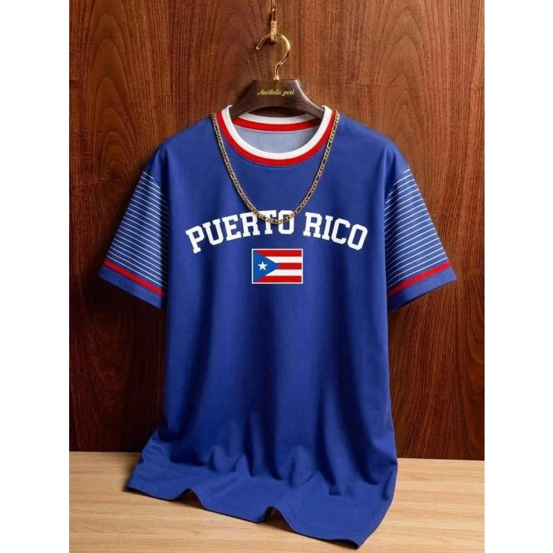 2026 Puerto Rico Patriotic Letter 3D Print Striped Raglan Sleeve Crew Neck T-Shirt Unisex Casual Streetwear Short Sleeve Top