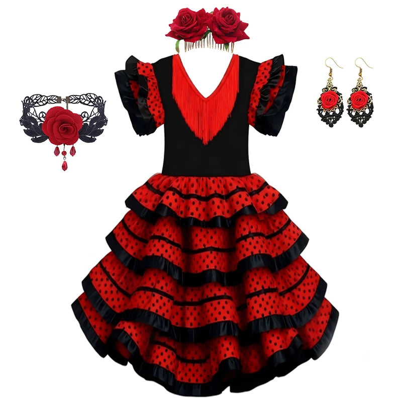 Girls Spanish Flamenco Dance Cosplay Long Dress Kids Carnival Ballroom Stage Outfit for Festival Theme Party Dress‑Up