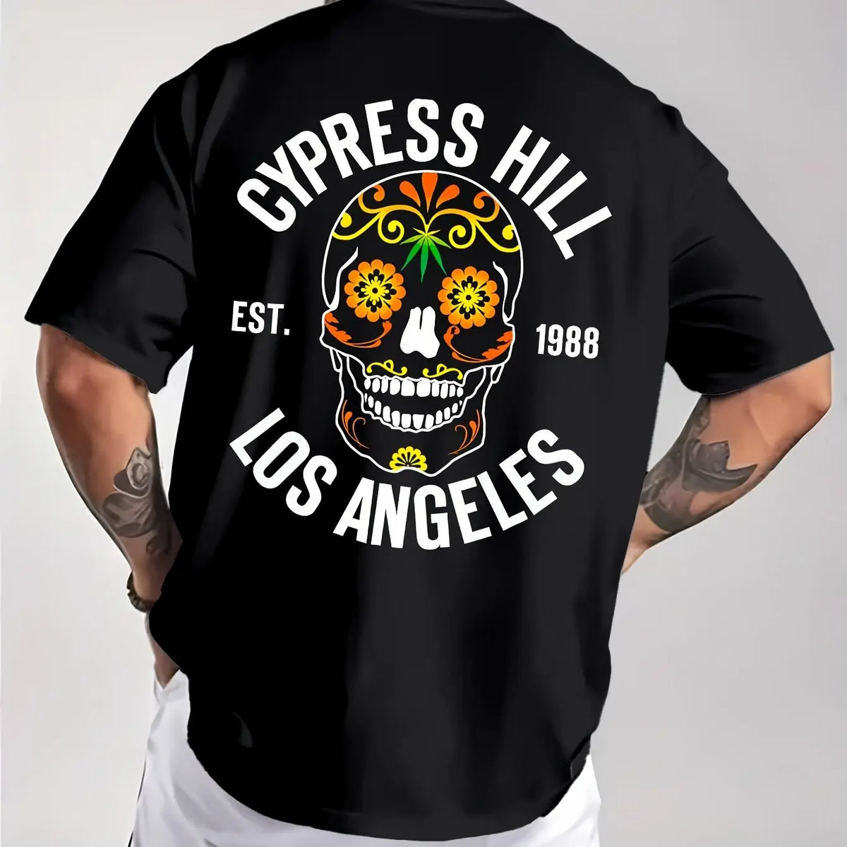 Los Angeles 1988 Sugar Skull Pattern Men's Pure Cotton T-shirt Hip Hop Street Top