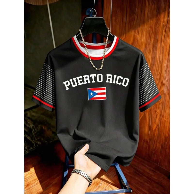 2026 Puerto Rico Patriotic Letter 3D Print Striped Raglan Sleeve Crew Neck T-Shirt Unisex Casual Streetwear Short Sleeve Top