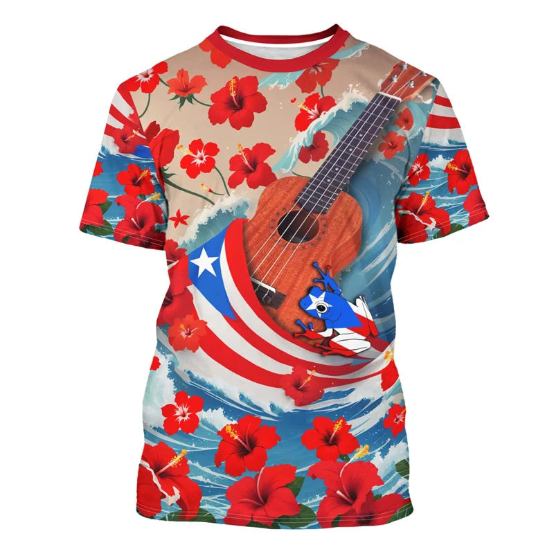 Puerto Rico Flag Pattern T-Shirt Men Frog National Emblem 3D Printed Short Sleeve Tees Summer Street Loose Tops O-Neck T Shirts