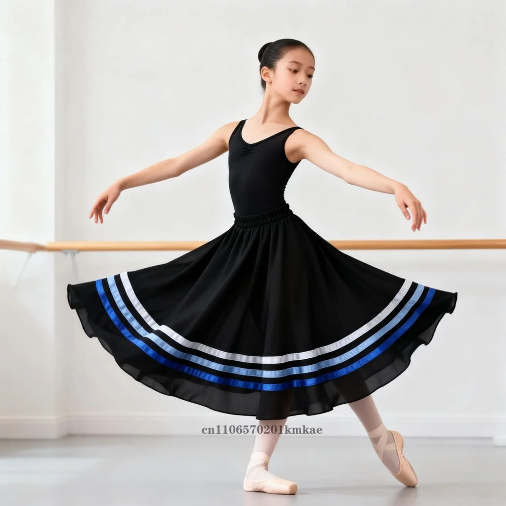 Spanish Traditional Flamenco Dance Skirts Girls Chiffon Elastic Waist Full Circle Ribbons Skirt Large Swing Performing Skirts