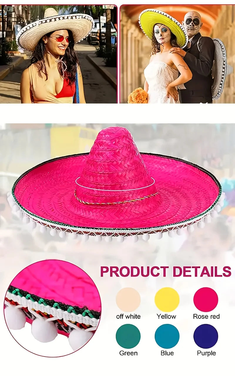 Mexican Sun Hat, Straw Hat with Wide Brim, Suitable for Decoration and Gifts at Festivals, Carnivals, Summer Mexican Parties.
