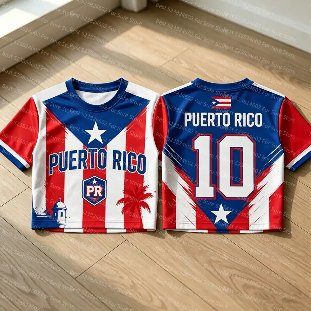 Women Puerto Rico Flag Cropped Jersey Short Sleeve Crew Neck 10# Football Sport T-shirt Casual Y2K Tops For Summer Streetwear