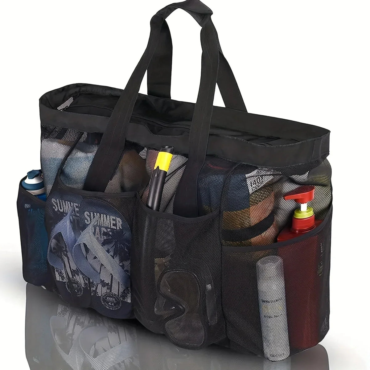1pc Extra Large Mesh Beach Bag, Breathable Mesh Tote with Zipper & Side Pockets, Portable Large Capacity Finishing Organizer Bag