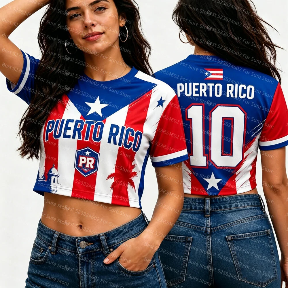 Women Puerto Rico Flag Cropped Jersey Short Sleeve Crew Neck 10# Football Sport T-shirt Casual Y2K Tops For Summer Streetwear