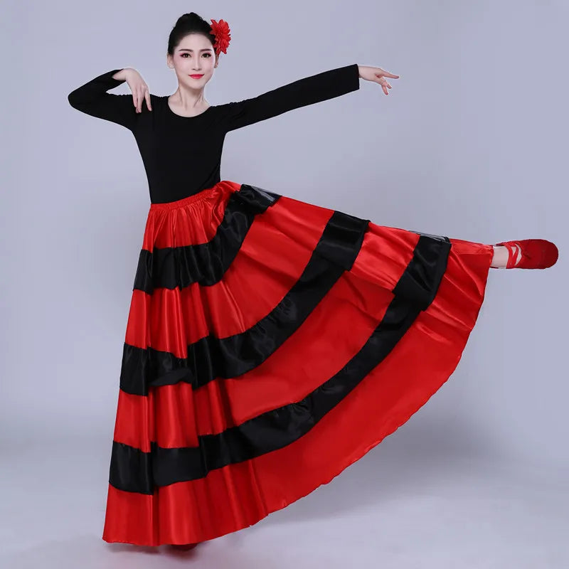 Women Spanish Flamenco Bullfight Dance Skirt Red Black Striped Swing Long Skirt Belly Dance Folk Performance Dance Half Skirt