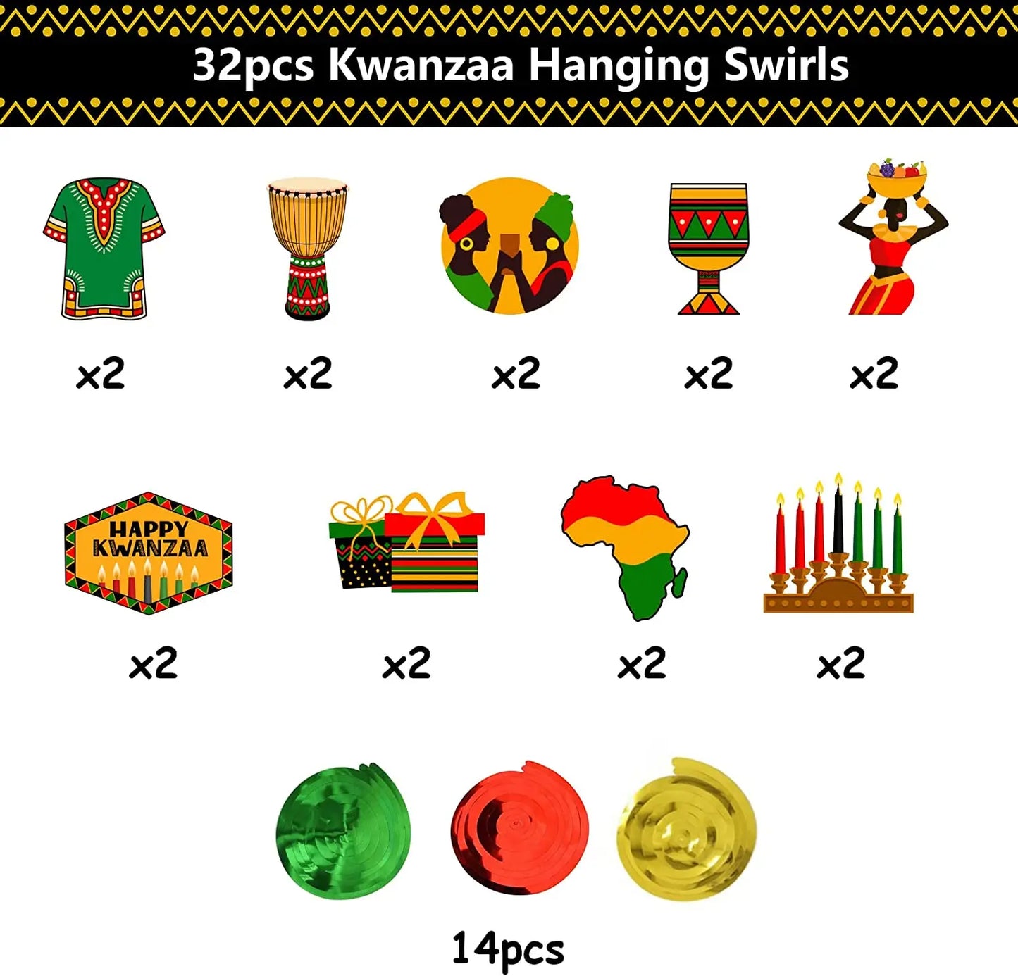 Happy Kwanzaa-African Heritage Holiday Decorations, Party Supplies, Hang Swirls, Celebration for Mantel, Fireplace Decor