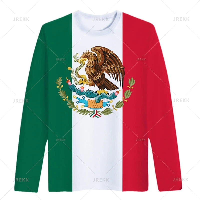 Mexican Flag Map 3D Printing Long Sleeve T Shirt Mexico Flag AZTEC Graphic  Long Sleeve Crew Neck Shirt Oversized T Shirt Men