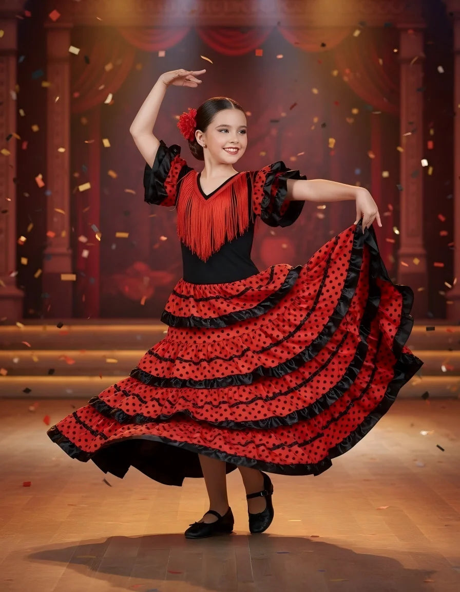 Girls Spanish Flamenco Dance Cosplay Long Dress Kids Carnival Ballroom Stage Outfit for Festival Theme Party Dress‑Up