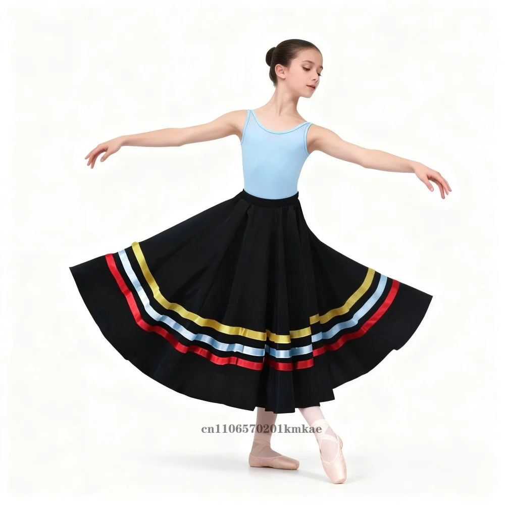 Spanish Traditional Flamenco Dance Skirts Girls Chiffon Elastic Waist Full Circle Ribbons Skirt Large Swing Performing Skirts