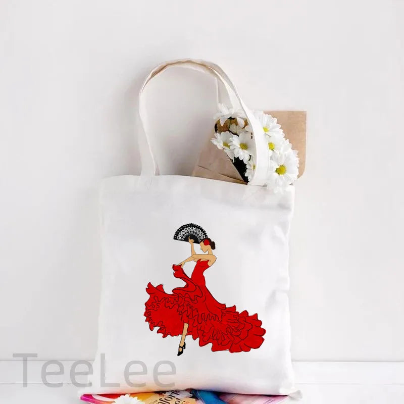 Flamenco Canvas Shoulder Tote Bag Printing Flamenca Spain Sevilla Seville Reusable Grocery Bag Women's Large Shopping Handbags