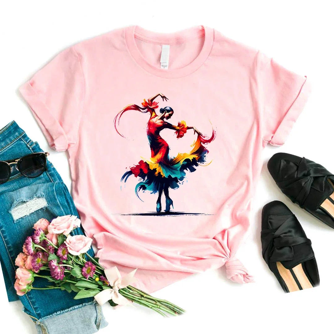 Flamenco Dancer Printed T Shirt Women'S Clothing White Pink Beautiful Tshirt Female Summer Fashion Tops Tee Shirt Femme