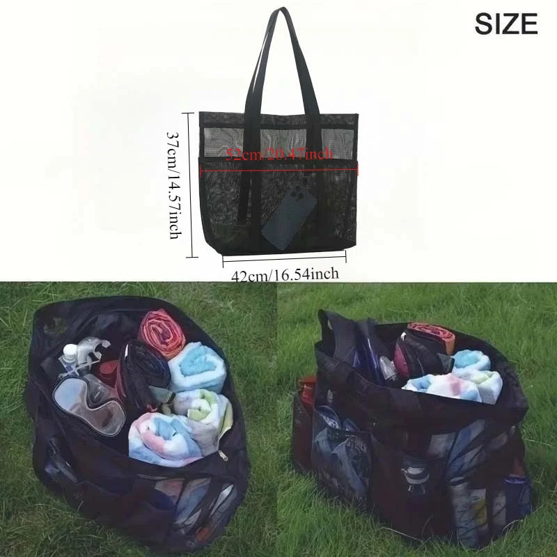 1pc Extra Large Mesh Beach Bag, Breathable Mesh Tote with Zipper & Side Pockets, Portable Large Capacity Finishing Organizer Bag