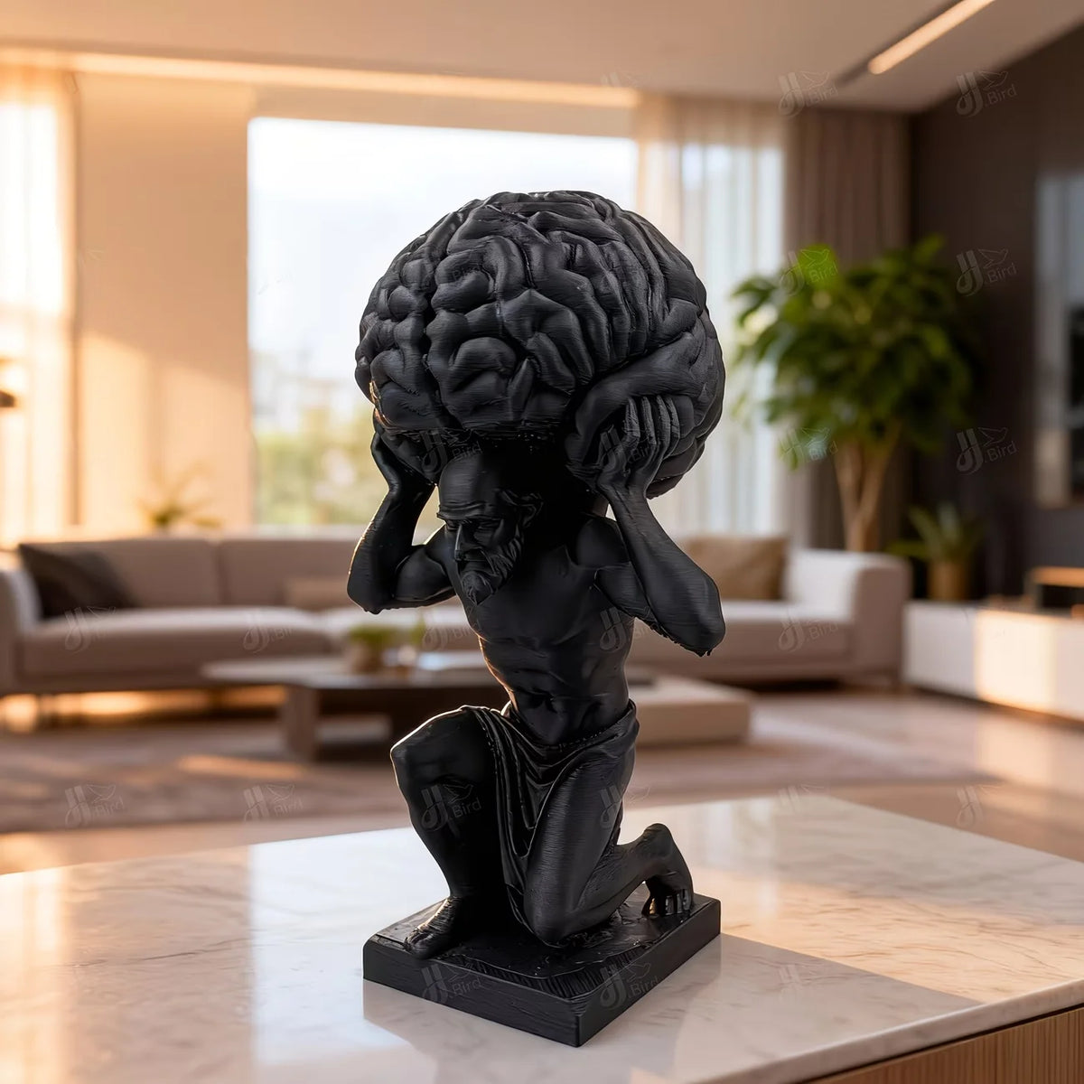 Black "Mind Over Matter" Brain-Bearer Art Figurine, Suitable for Philosophical Study Decor & Distinctive Office Display