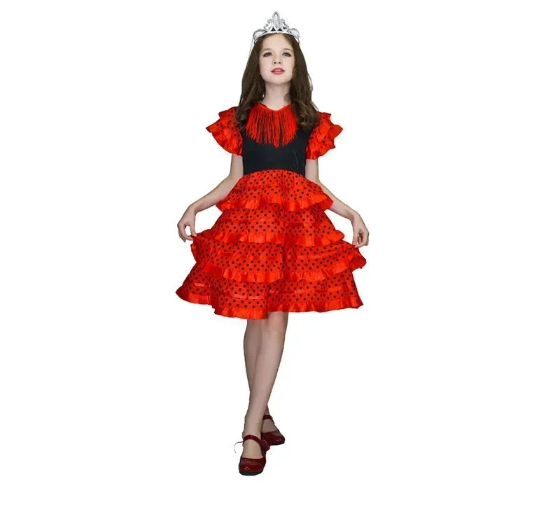 Girls Spanish Flamenco Dance Cosplay Long Dress Kids Carnival Ballroom Stage Outfit for Festival Theme Party Dress‑Up