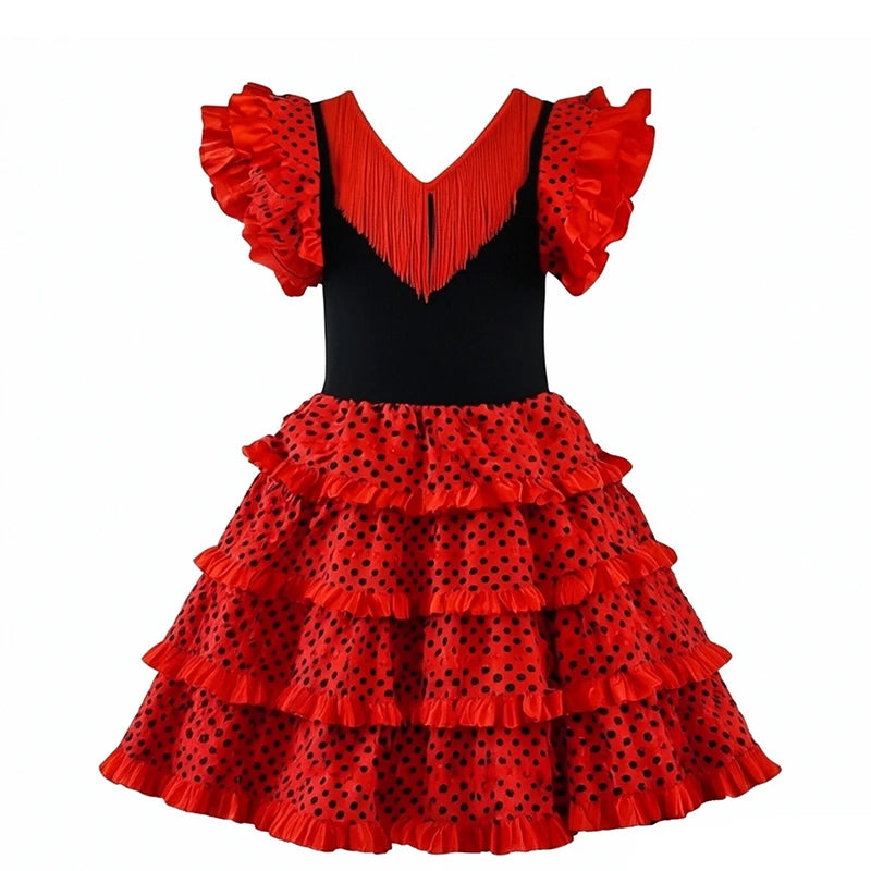 Girls Spanish Flamenco Dance Cosplay Long Dress Kids Carnival Ballroom Stage Outfit for Festival Theme Party Dress‑Up