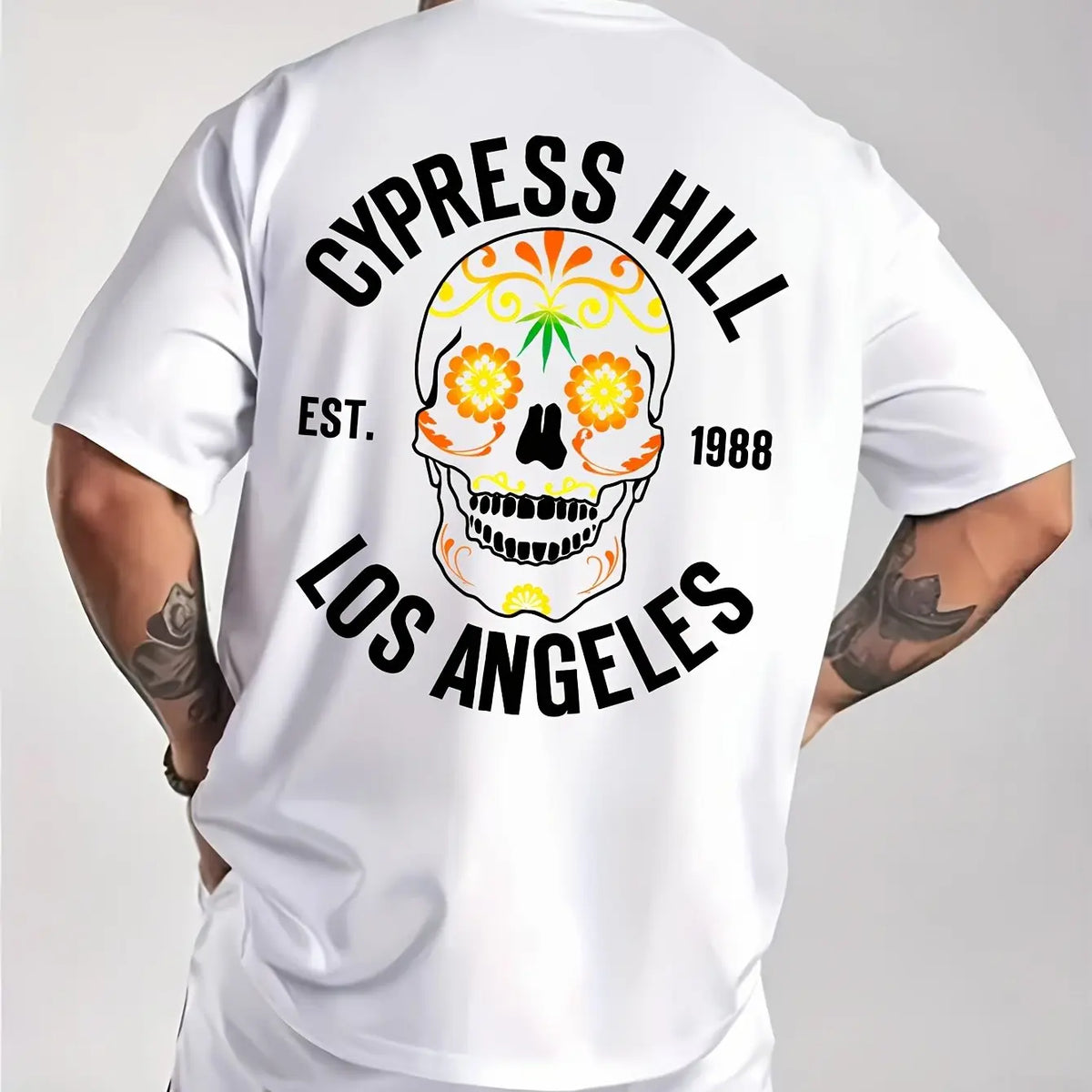 Los Angeles 1988 Sugar Skull Pattern Men's Pure Cotton T-shirt Hip Hop Street Top