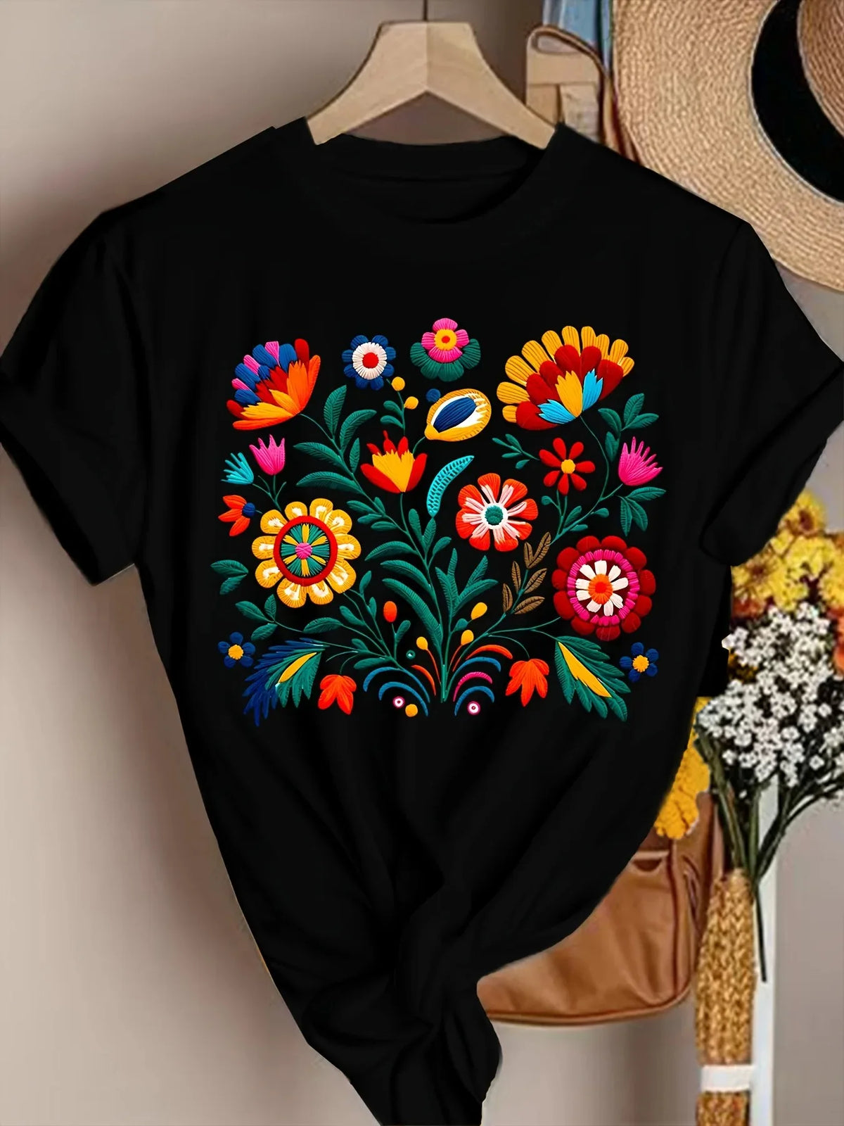 Mexican Floral Embroidery Graphic T-Shirt Folk Art Style Short Sleeve Casual Women Tee Mexican Culture Inspired Flower Top