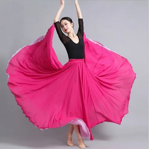 Flamenco Chiffon 720 Degrees Dance Skirt For Women Solid Color Long Dancer Practice Wear Skirts Chinese Style Skirt With Big Hem