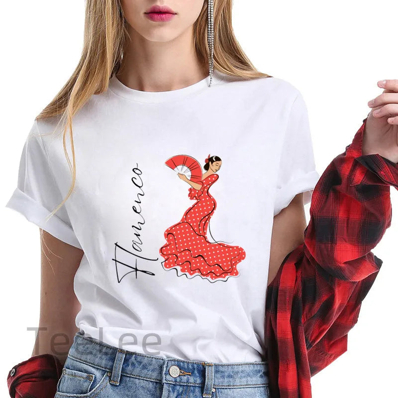 Flamenco T-shirt trends for women's clothing, summer short-sleeved printed graphics, travel ladies, Y2k top T-shirt, T-shirt