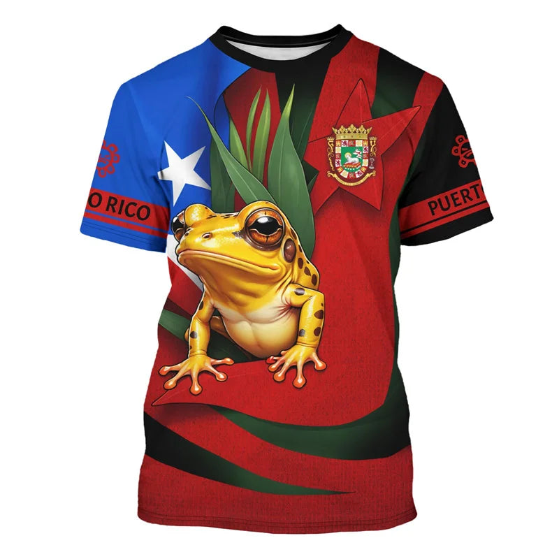 Puerto Rico Flag Pattern T-Shirt Men Frog National Emblem 3D Printed Short Sleeve Tees Summer Street Loose Tops O-Neck T Shirts