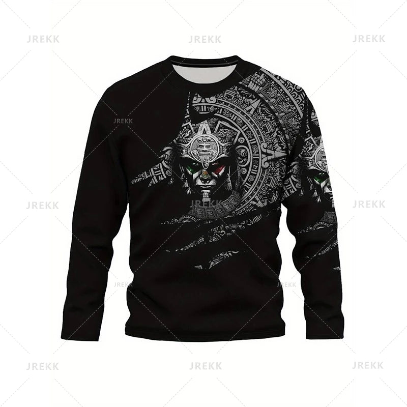 Mexican Flag Map 3D Printing Long Sleeve T Shirt Mexico Flag AZTEC Graphic  Long Sleeve Crew Neck Shirt Oversized T Shirt Men