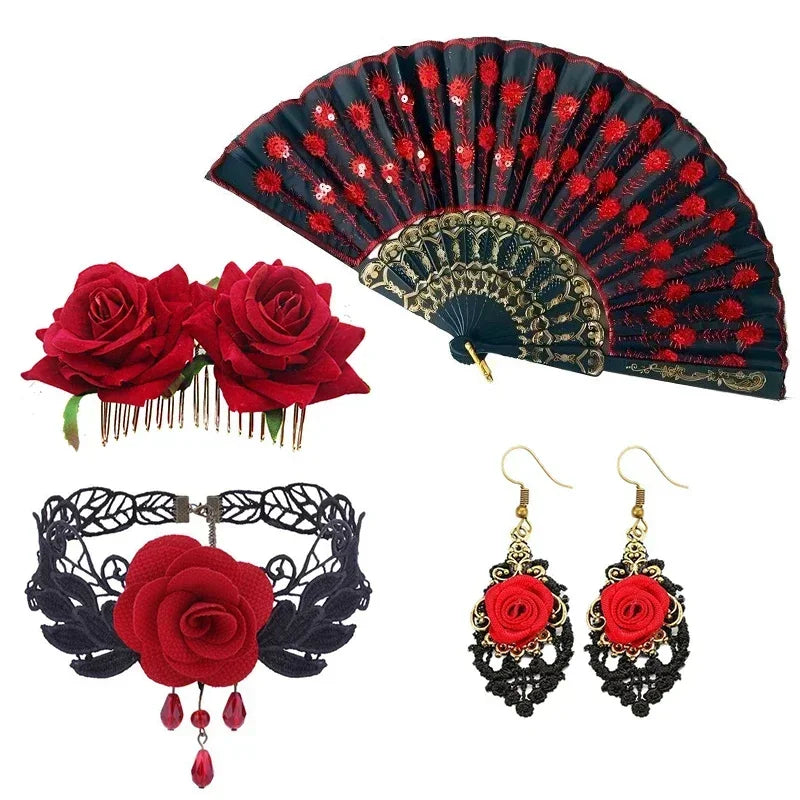 Girls Spanish Flamenco Dance Cosplay Long Dress Kids Carnival Ballroom Stage Outfit for Festival Theme Party Dress‑Up
