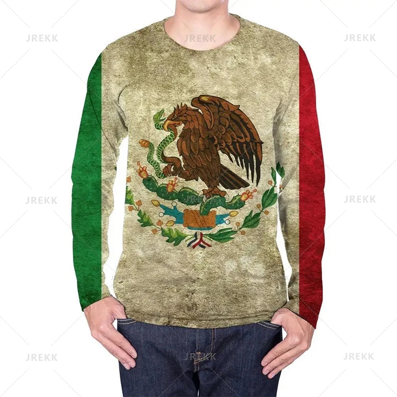 Mexican Flag Map 3D Printing Long Sleeve T Shirt Mexico Flag AZTEC Graphic  Long Sleeve Crew Neck Shirt Oversized T Shirt Men