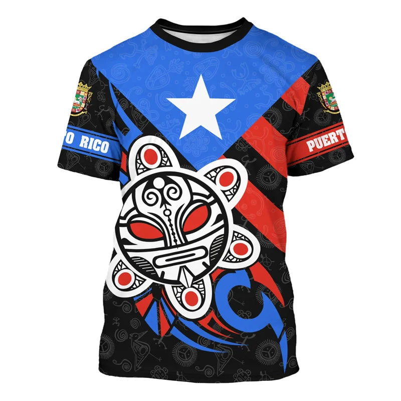 Puerto Rico Flag Pattern T-Shirt Men Frog National Emblem 3D Printed Short Sleeve Tees Summer Street Loose Tops O-Neck T Shirts