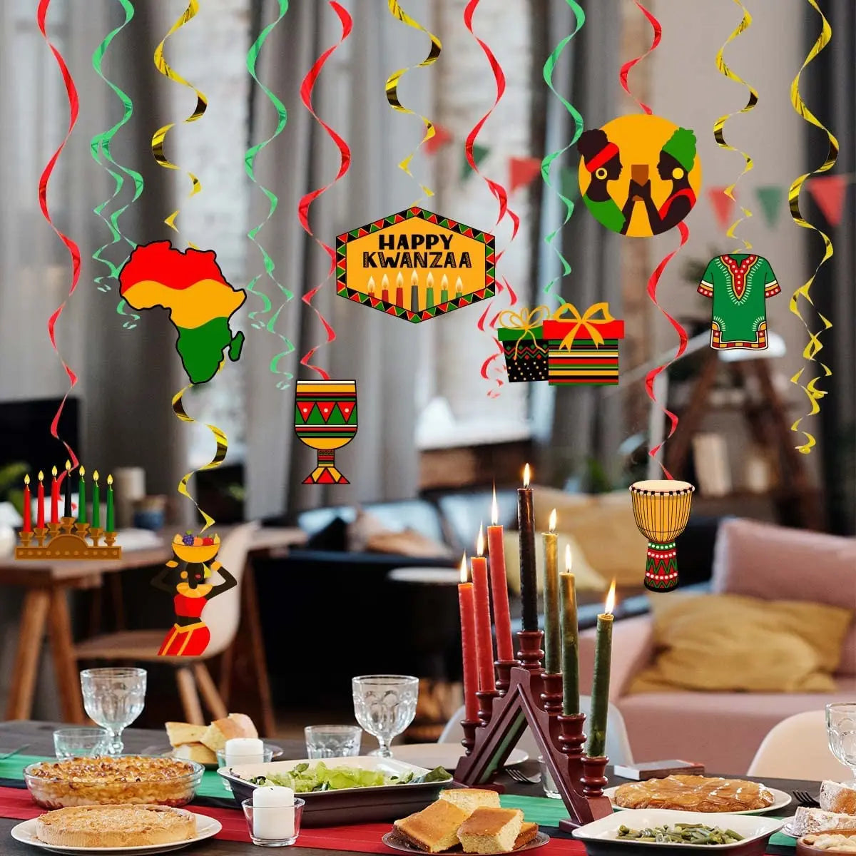 Happy Kwanzaa-African Heritage Holiday Decorations, Party Supplies, Hang Swirls, Celebration for Mantel, Fireplace Decor