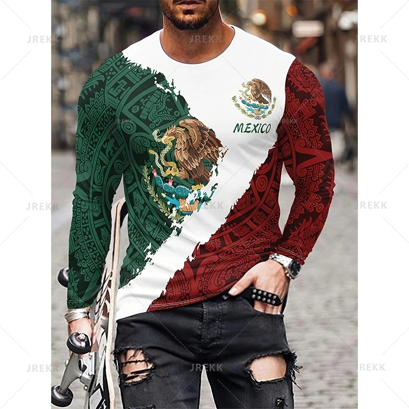 Mexican Flag Map 3D Printing Long Sleeve T Shirt Mexico Flag AZTEC Graphic  Long Sleeve Crew Neck Shirt Oversized T Shirt Men