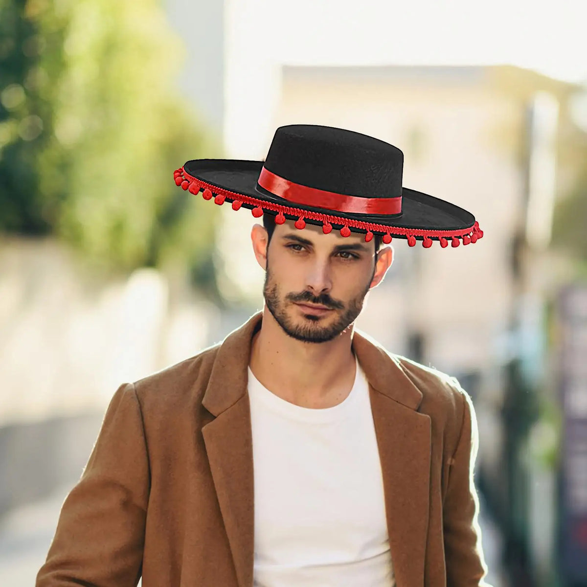 Spanish Mexican Hat Sombrero Caps Traditional Halloween Fuzz Ball Mexican Sombrero Hats Wide Brim Design Carnival Costume