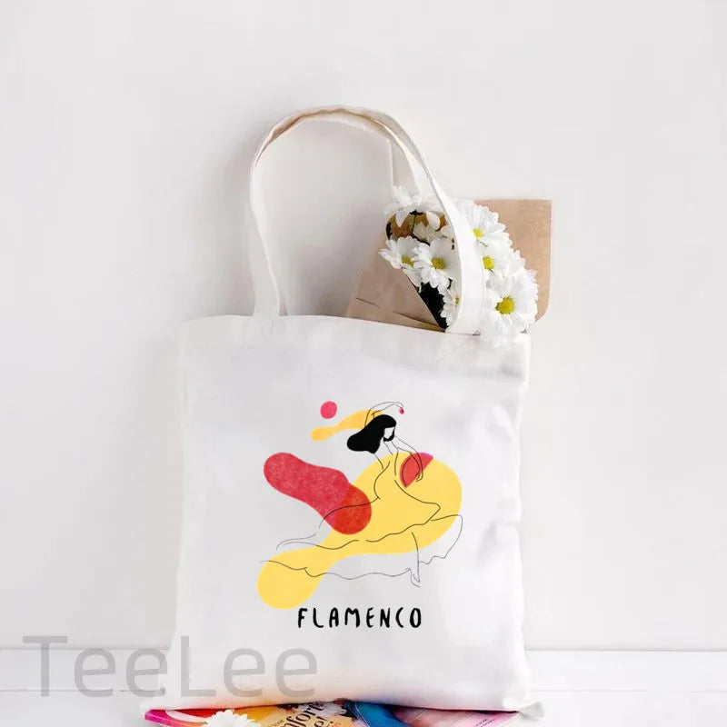 Flamenco Canvas Shoulder Tote Bag Printing Flamenca Spain Sevilla Seville Reusable Grocery Bag Women's Large Shopping Handbags