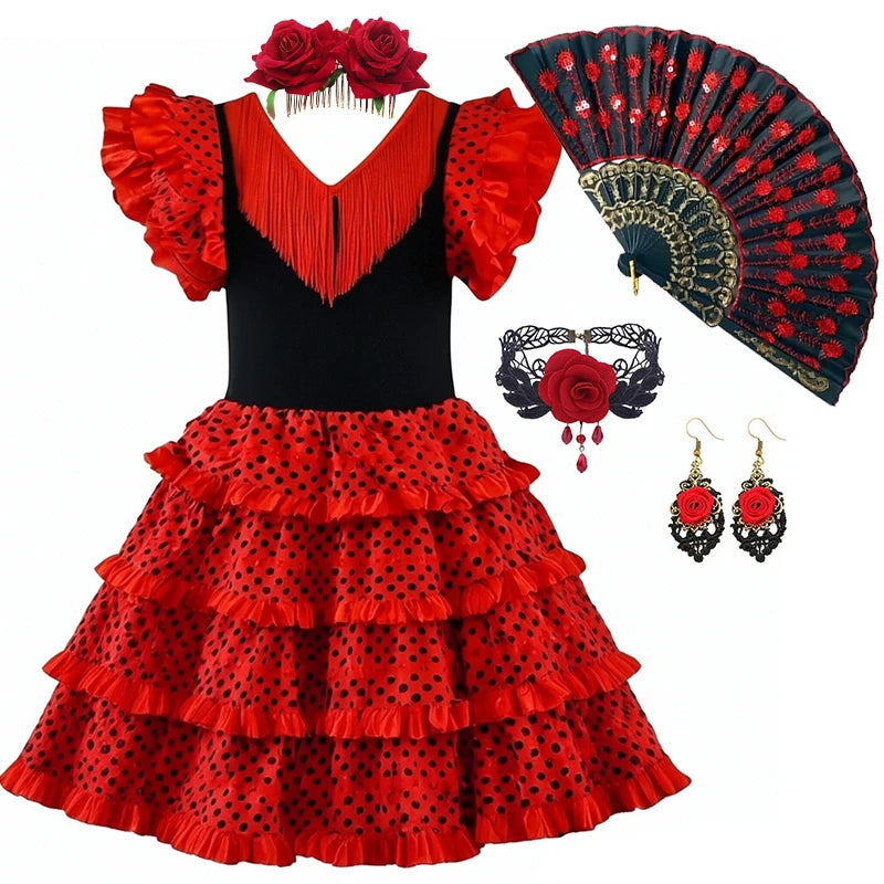 Girls Spanish Flamenco Dance Cosplay Long Dress Kids Carnival Ballroom Stage Outfit for Festival Theme Party Dress‑Up
